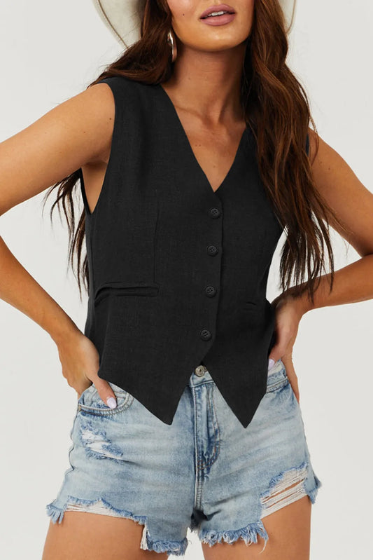 Black Solid Color Button up V Neck Suit Vest - Chic Meadow Boutique 