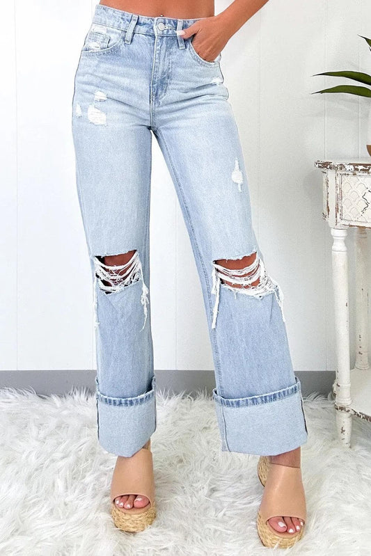 Bottoms/Jeans Beau Blue / 6 / 93%Cotton+5%polyester+2%Elastane Beau Blue Light Wash Distressed Flare Jeans