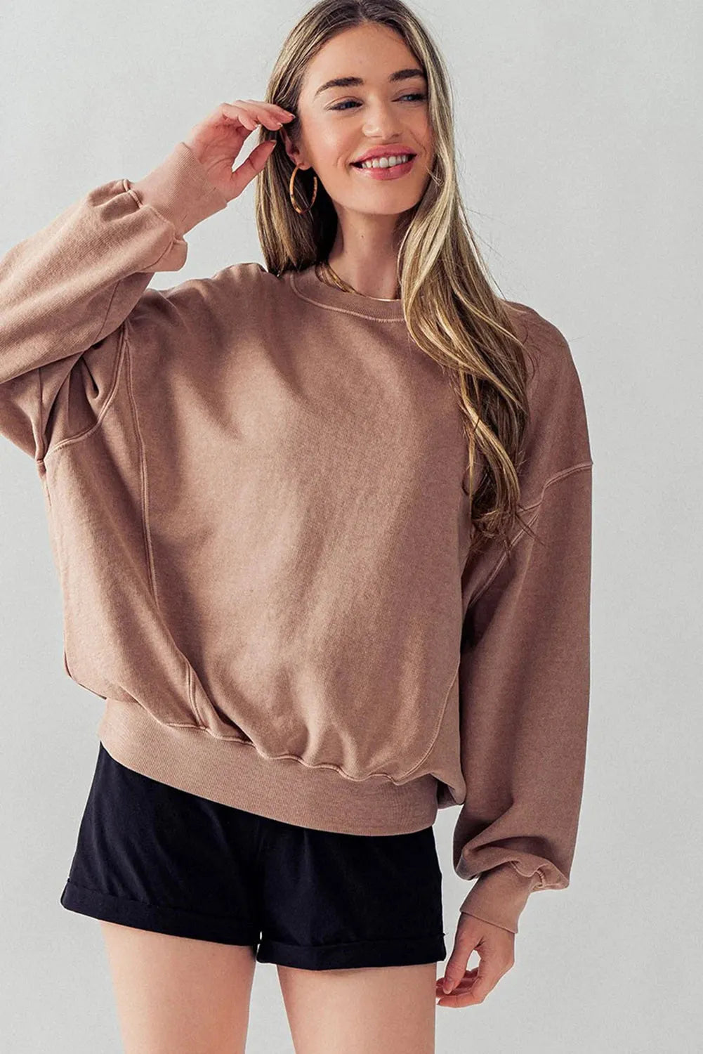 Chestnut Exposed Seam Batwing Sleeve Drop Shoulder Sweatshirt - Chic Meadow Boutique 