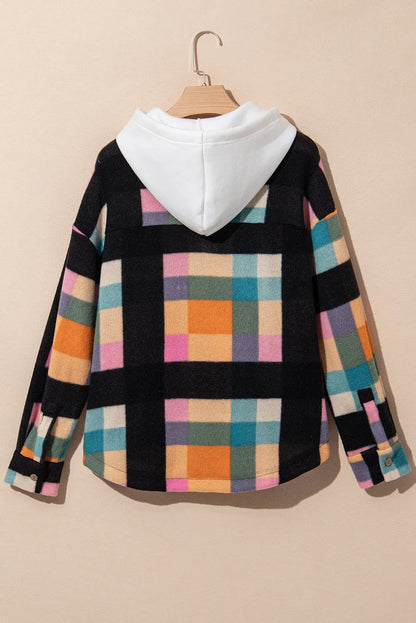 Multicolour Plaid Color Block Flap Pocket Buttoned Hoodie - Chic Meadow Boutique 