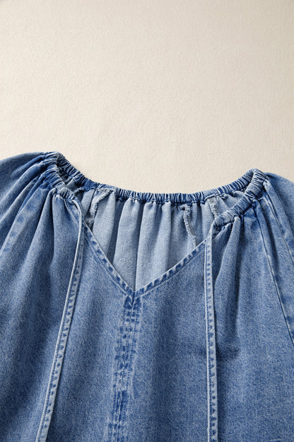 Myosotis Puff Sleeve V Neck Ruffled Loose Denim Mini Dress