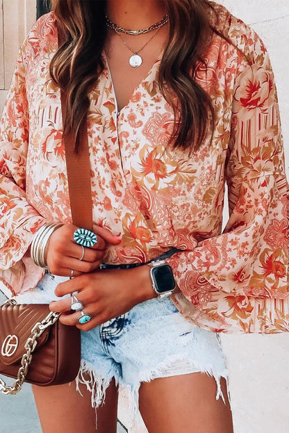 Tops/Bodysuits Orange Floral Print Ruffled Bell Sleeve V Neck Bodysuit