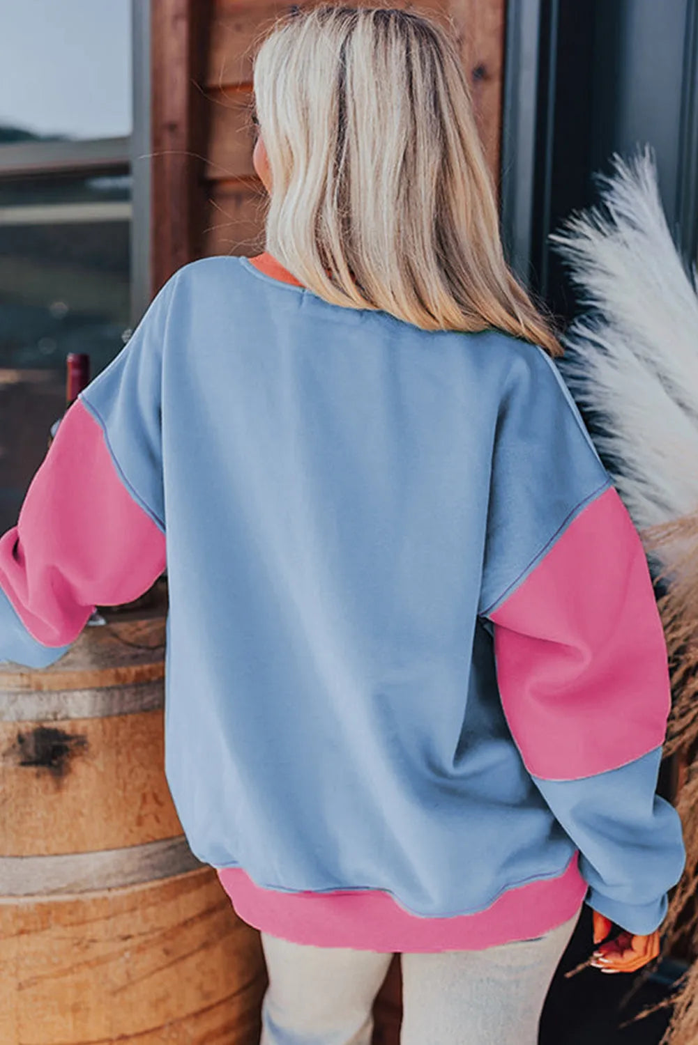 Bright Pink Colorblock Patchwork Drop Shoulder Sweatshirt - Chic Meadow Boutique 