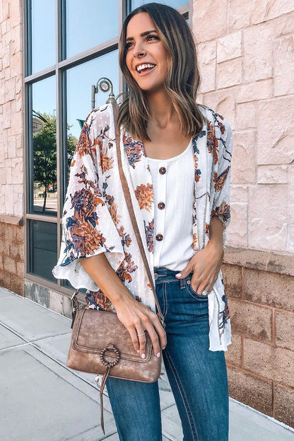 White Floral Print Open Front Bell Sleeve kimono - Chic Meadow Boutique 