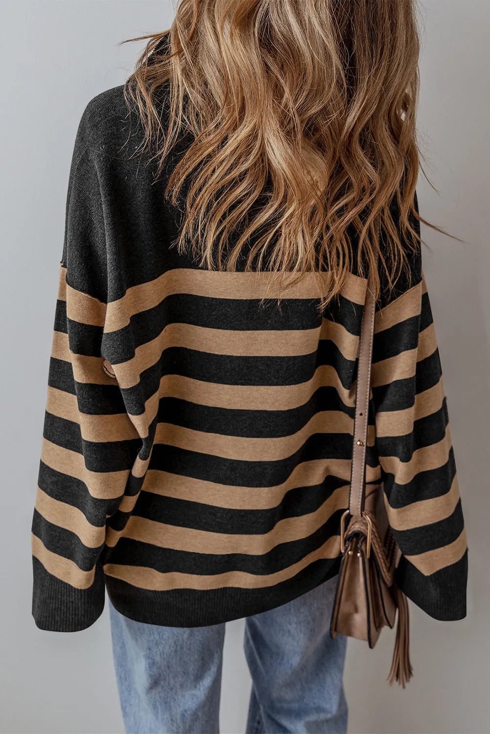 Black Stripe Collared Quarter Zipper Oversized Sweater - Chic Meadow Boutique 