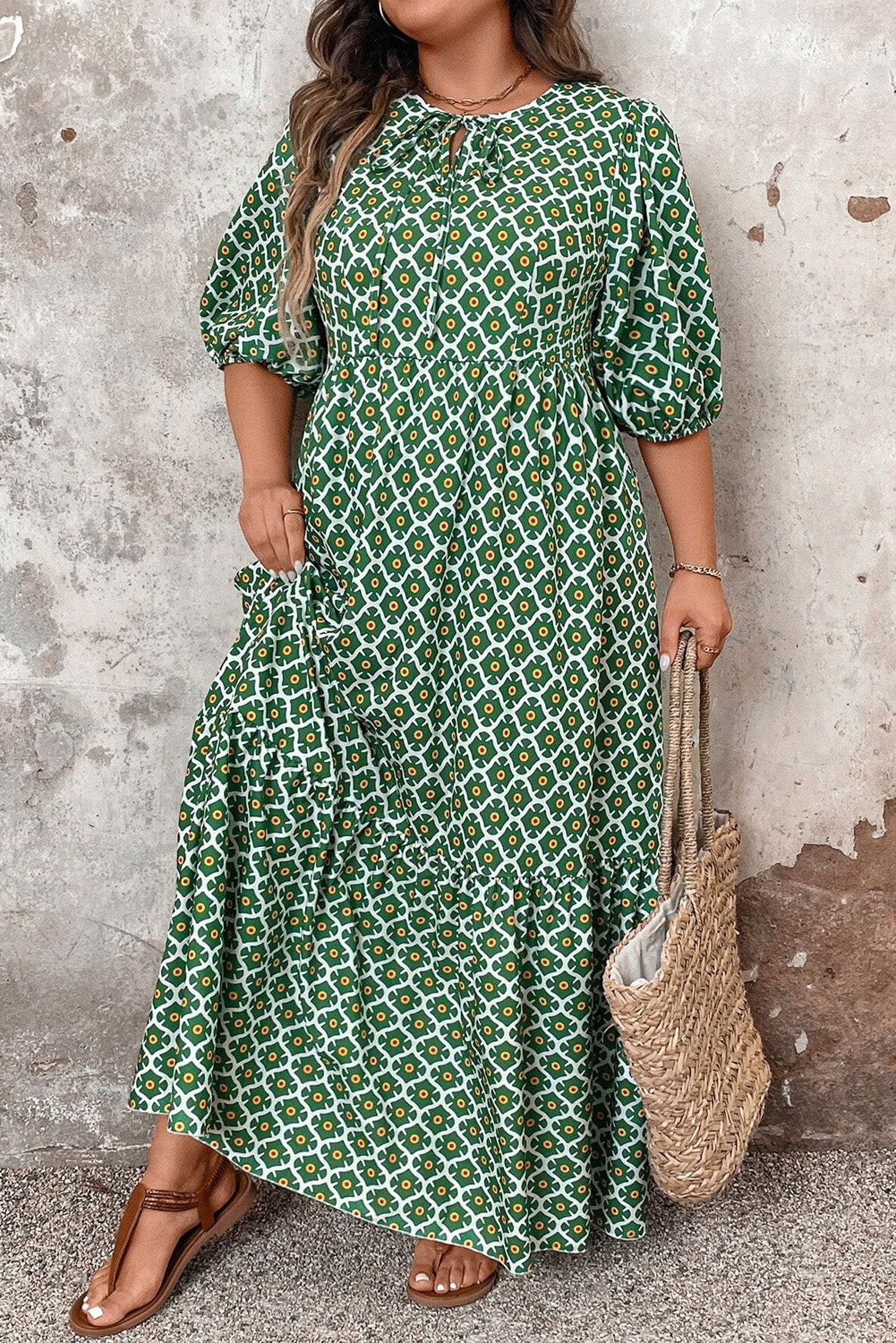 Green Geometric Floral Print Half Sleeve Plus Size Maxi Dress