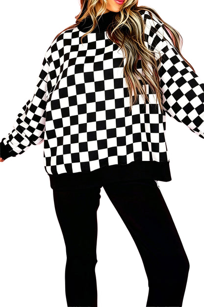 Black Checkered Print High Neck Baggy Sweatshirt