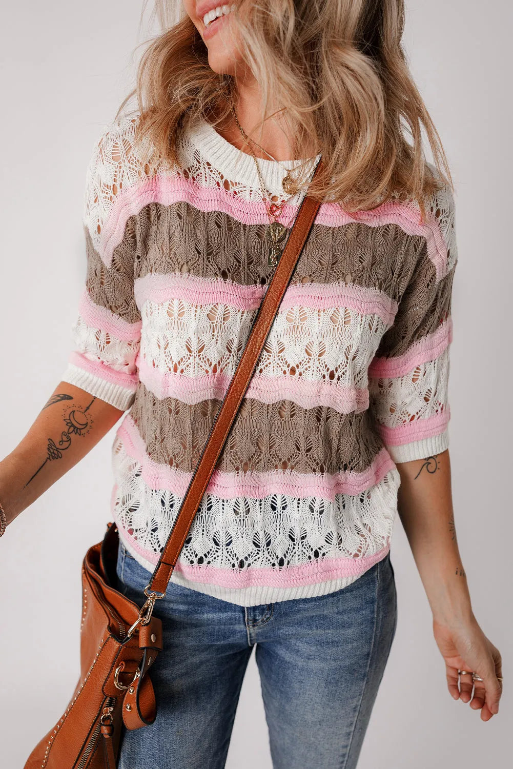 Brown Stripe Color Block Hollow Out Crochet Half Sleeve Sweater - Chic Meadow Boutique 