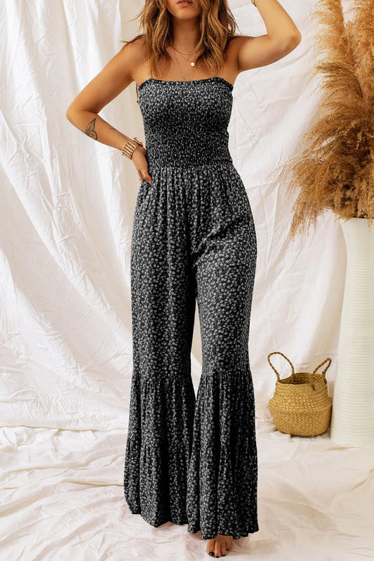 Black Thin Straps Smocked Bodice Wide Leg Floral Jumpsuit - Chic Meadow Boutique 