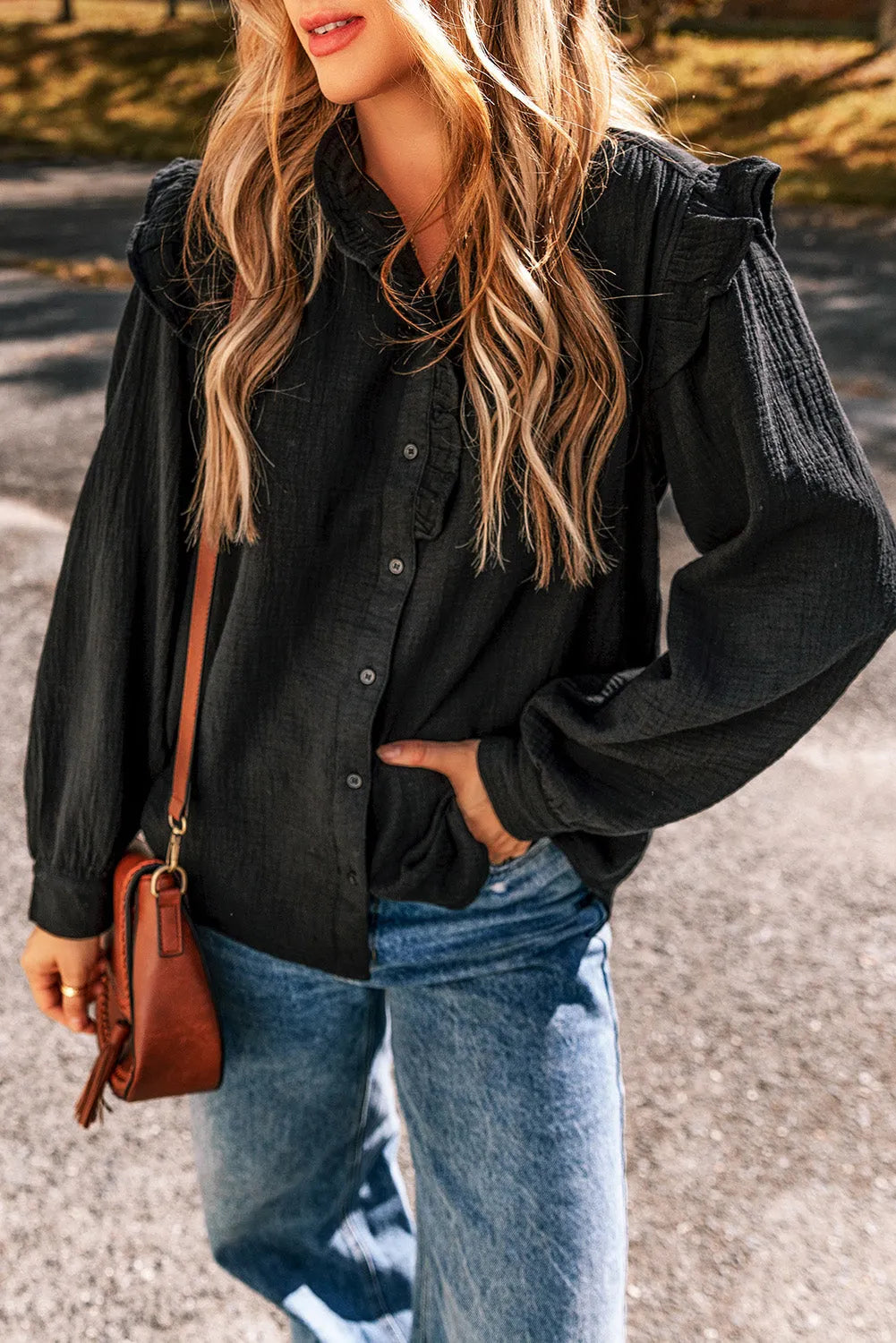 Black Textured Ruffled Trim Buttoned Loose Fit Shirt - Chic Meadow Boutique 