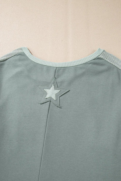 Plus Size/Plus Size Tops/Plus Size Long Sleeve Tops Mist Green Stars Patchwork Round Neck Plus Size T Shirt