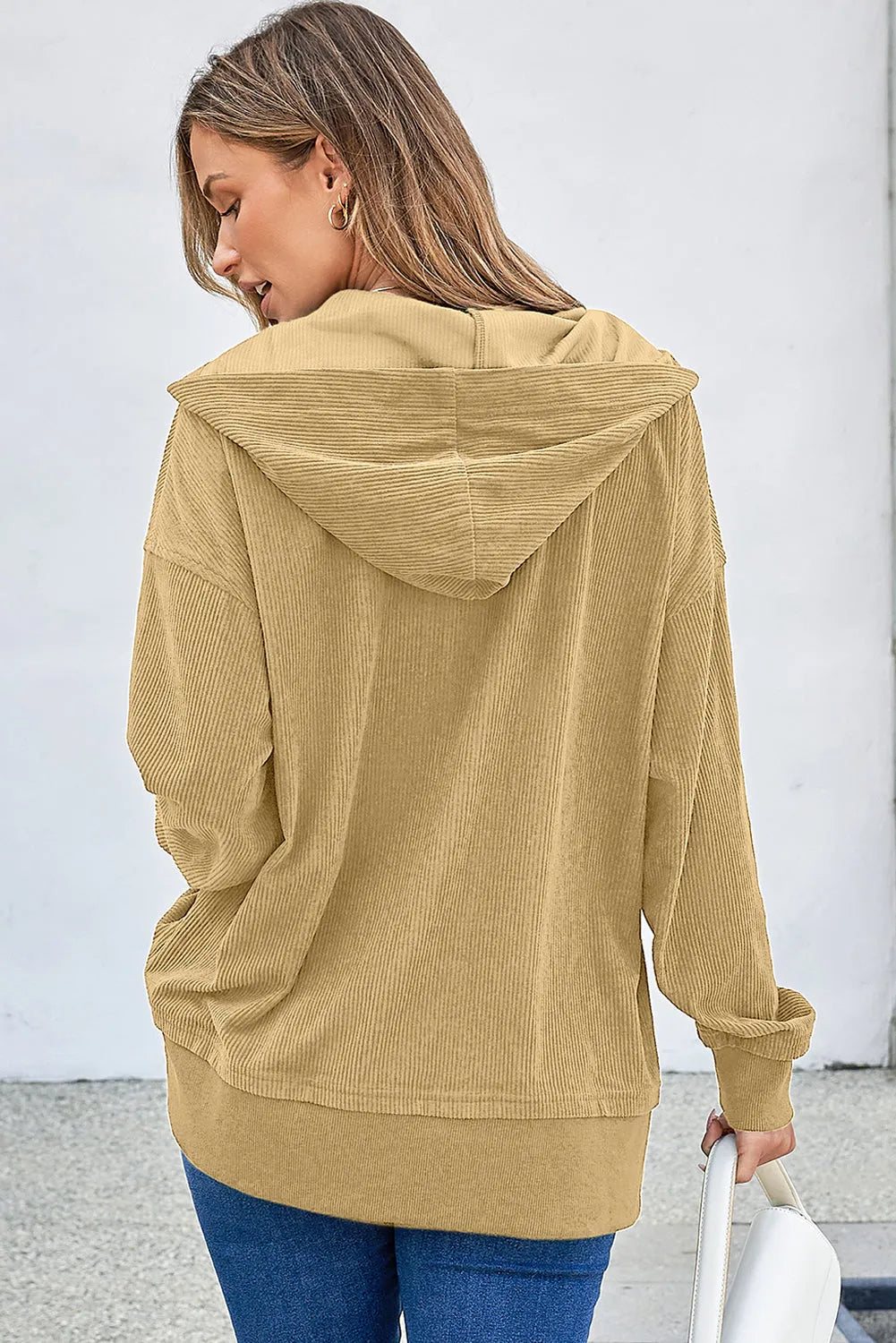 Simply Taupe Solid Ribbed Knit Buttoned Drop Shoulder Oversized Hoodie - Chic Meadow Boutique 