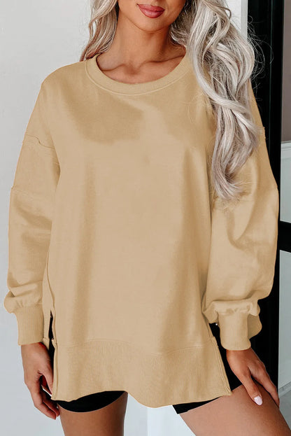 Light French Beige Exposed Seam Drop Shoulder Round Neck Sweatshirt with Slits - Chic Meadow Boutique 