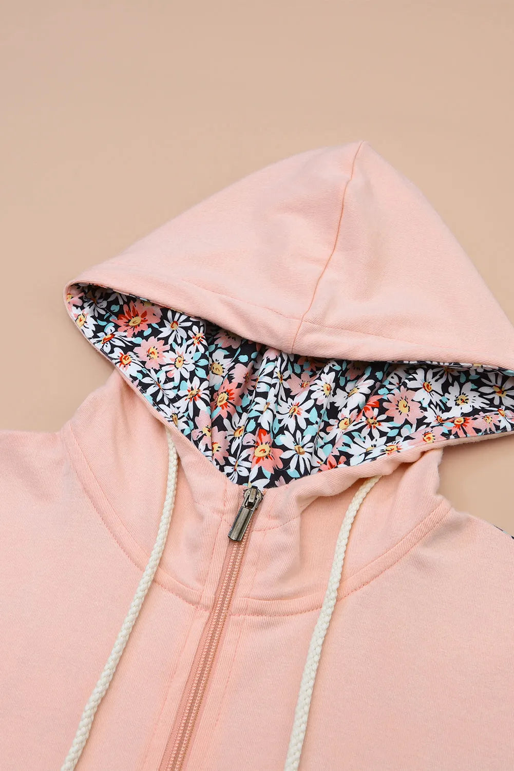 Tops/Sweatshirts & Hoodies Pink Floral Patch Half Zip Kangaroo Pocket Hoodie