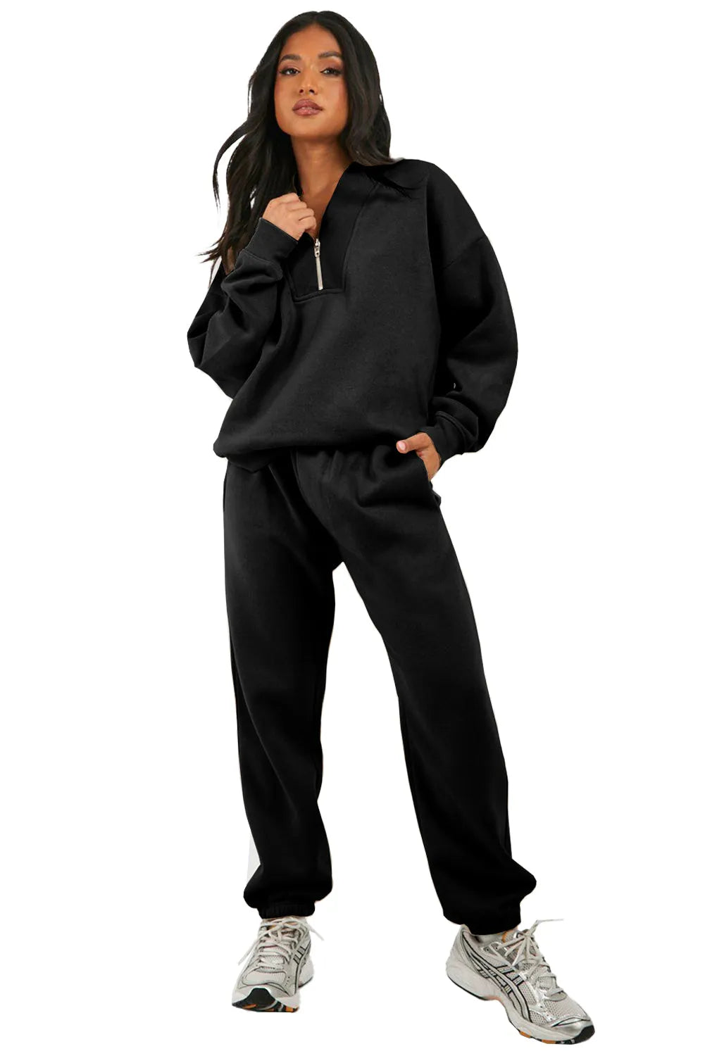 Black Plain Half Zip V Neck Ribbed Edge Loose Tracksuit - Chic Meadow Boutique 