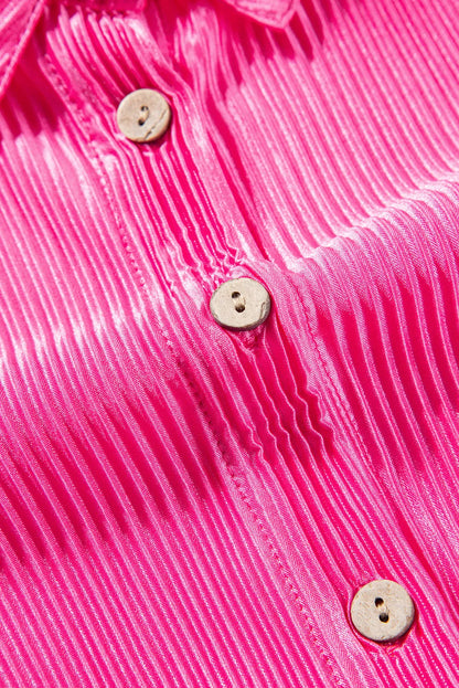 Bright Pink Satin Pleated Short Sleeve Shirt - Chic Meadow Boutique 