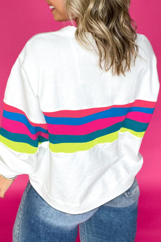 Plus Size/Plus Size Sweatshirts & Hoodies White Plus Size Colorful Striped Drop Shoulder Loose Sweatshirt