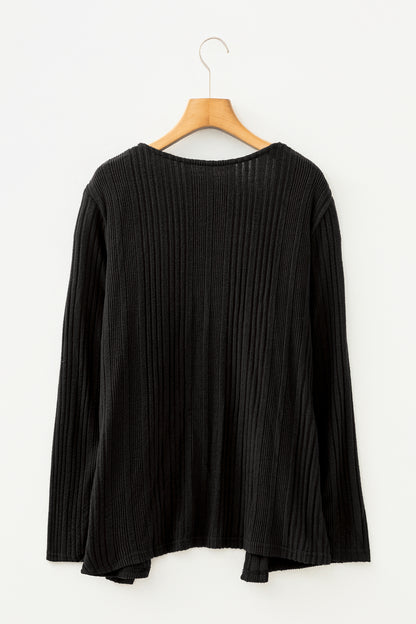 Black Ribbed Open Front Knitted Top with Pockets