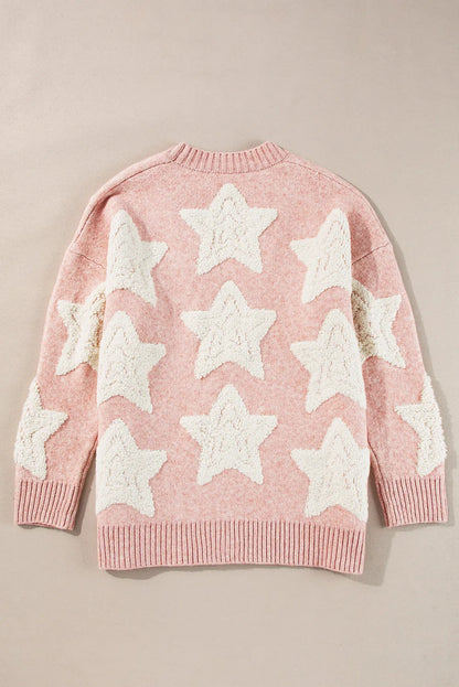 Pink Sherpa Star Pattern Textured Sweater Cardigan with Pockets - Chic Meadow Boutique 