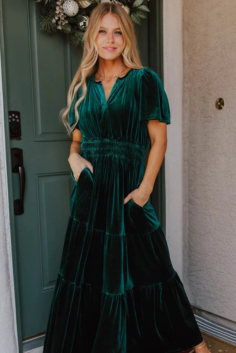 Evergreen Velvet Short Sleeve Shirred Waist Tiered Maxi Dress - Chic Meadow Boutique 