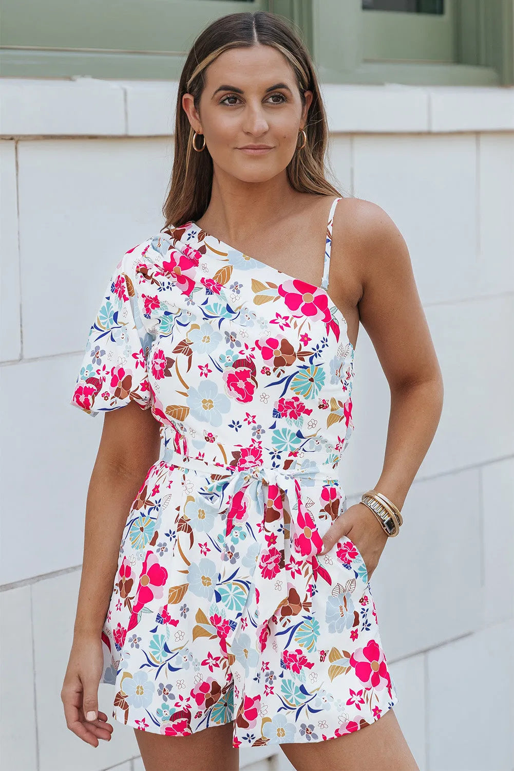 White Floral Single Bubble Sleeve Slant Shoulder Romper - Chic Meadow Boutique 