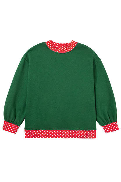 Dark Green Polka Dot Patchwork Round Neck Plus Size Sweatshirt
