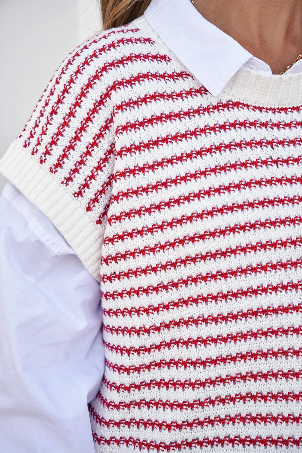 Red Stripe Ribbed Trim Loose Fit Knitted Sweater Vest - Chic Meadow Boutique 