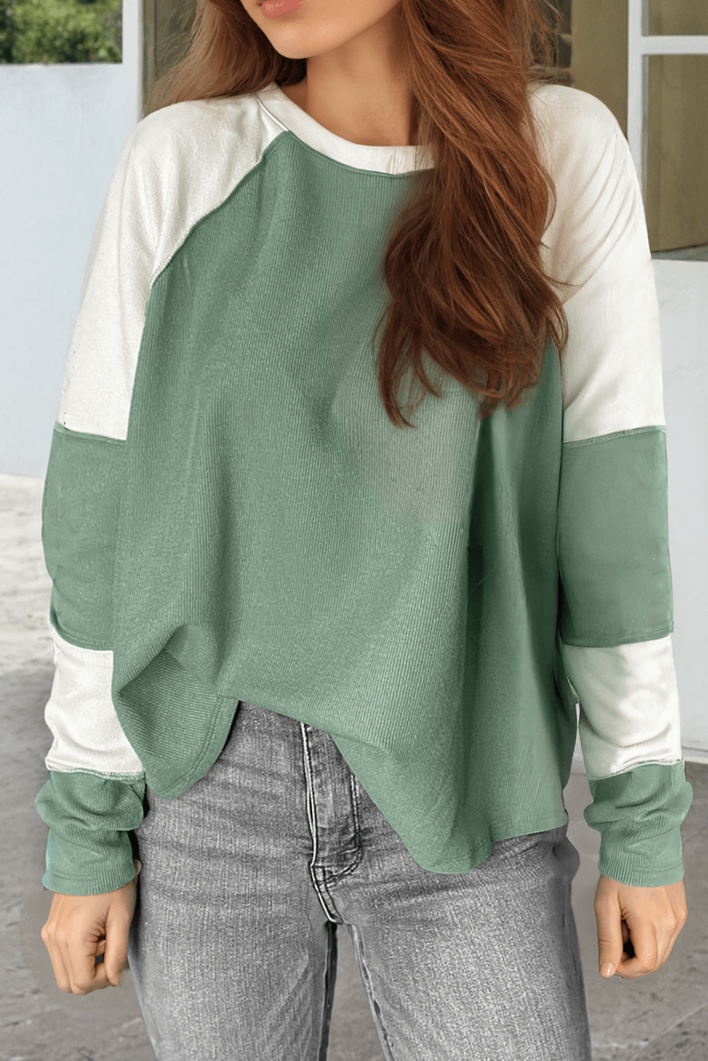 Tops/Long Sleeve Tops Mint Green / S / 93%Viscose+7%Elastane Mint Green Ribbed Colorblock Patchwork Raglan Long Sleeve Top