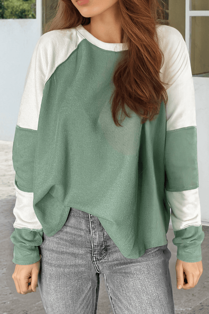 Tops/Long Sleeve Tops Mint Green / S / 93%Viscose+7%Elastane Mint Green Ribbed Colorblock Patchwork Raglan Long Sleeve Top