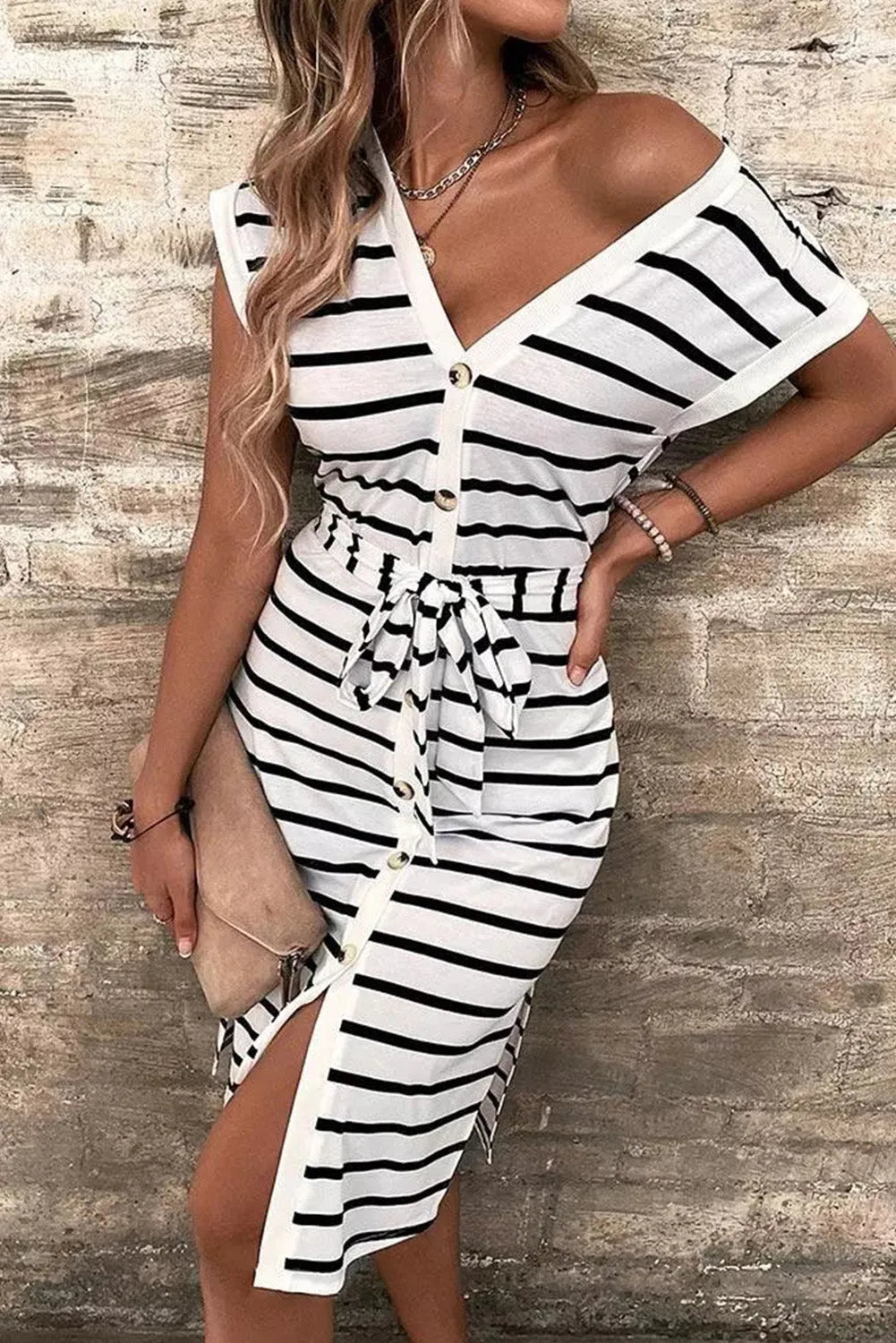 Striped Button Slit Tie V-Neck Midi Dress - Chic Meadow Boutique 