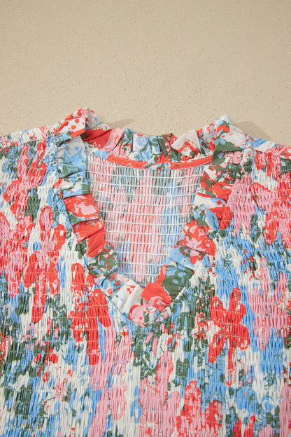 Apricot Floral Print V Neck Contrast Trim Flutter Sleeve Long Dress
