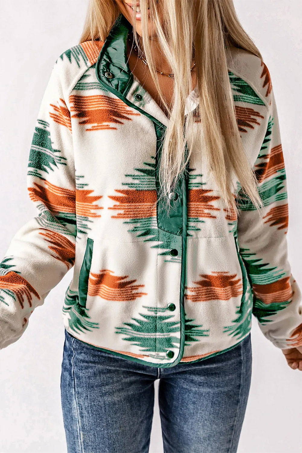 Multicolour Western Aztec Snap Buttoned Fleece Jacket - Chic Meadow Boutique 