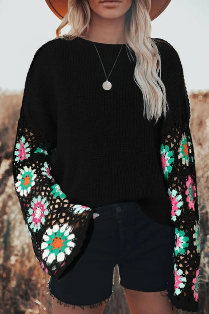 Black Floral Crochet Bell Sleeve Loose Sweater - Chic Meadow Boutique 