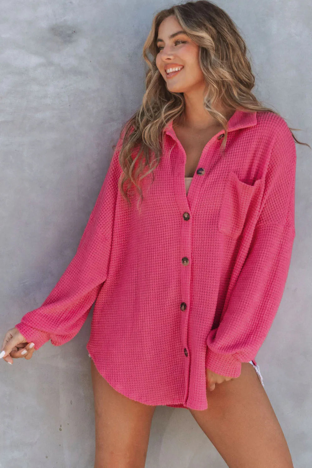 Pink Waffle Knit Button Up Casual Shirt - Chic Meadow Boutique 