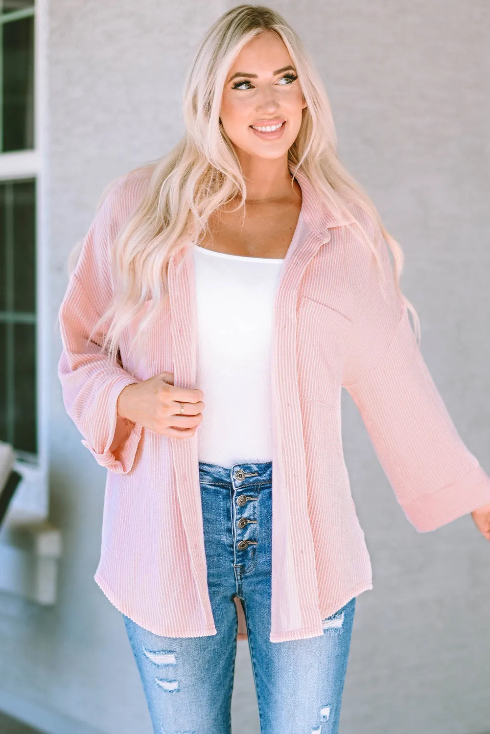 Pink Roll Tab Sleeve Ribbed Cording Shacket - Chic Meadow Boutique 