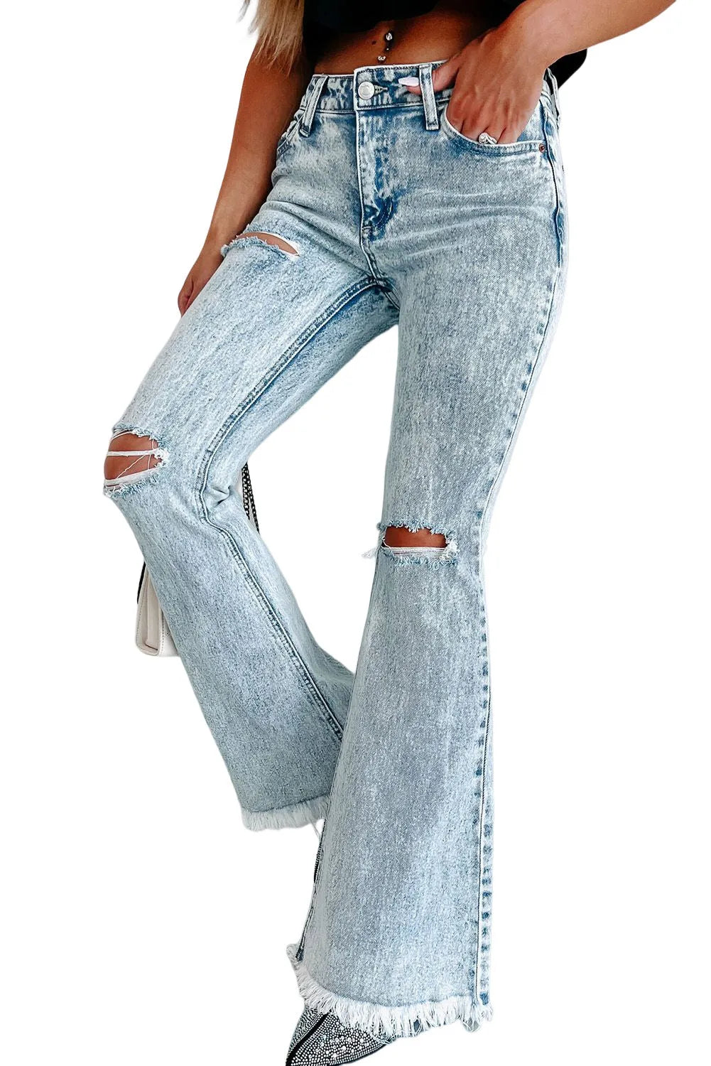 Sky Blue Distressed Acid Wash Flare Jeans - Chic Meadow Boutique 