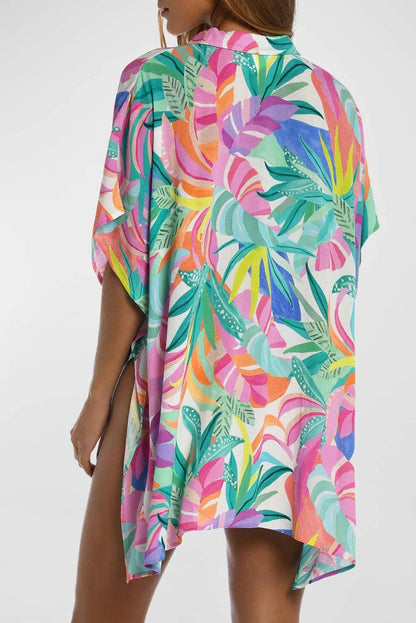 Swimwear/Beach Cover-ups Multicolor / ONE SIZE / 100%Polyester Multicolor Plant Print Button-up Half Sleeve Beach Cover Up