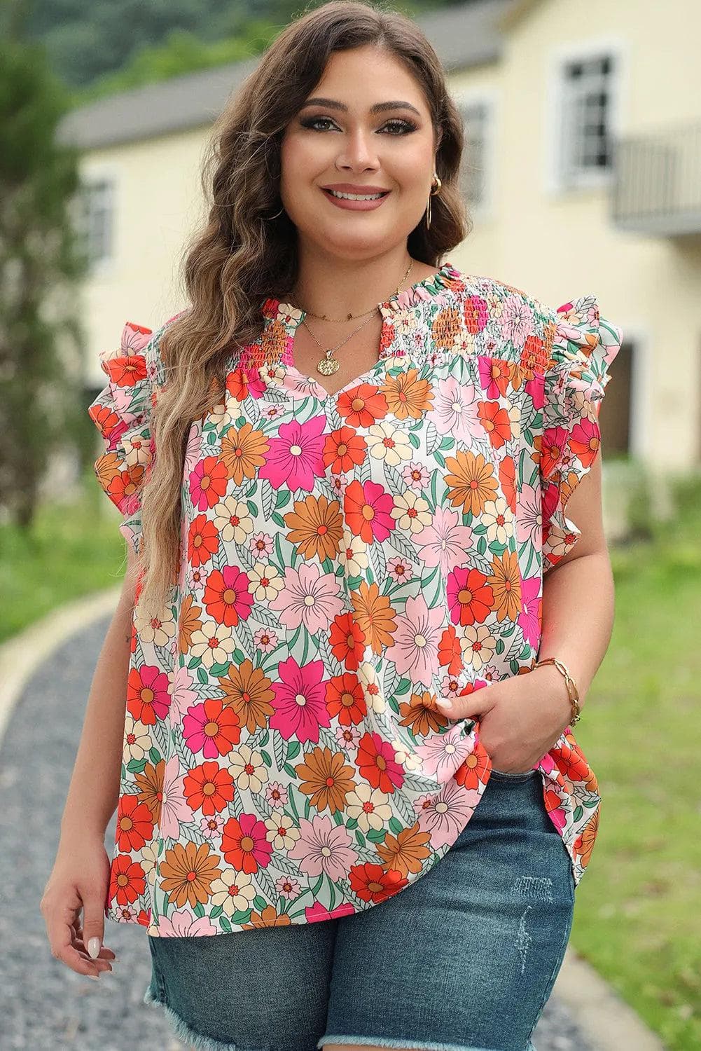 Plus Size/Plus Size Tops/Plus Size Blouses & Shirts Multicolour / 1X / 100%Polyester Multicolour Plus Floral Notched Neck Ruffle Sleeve Blouse