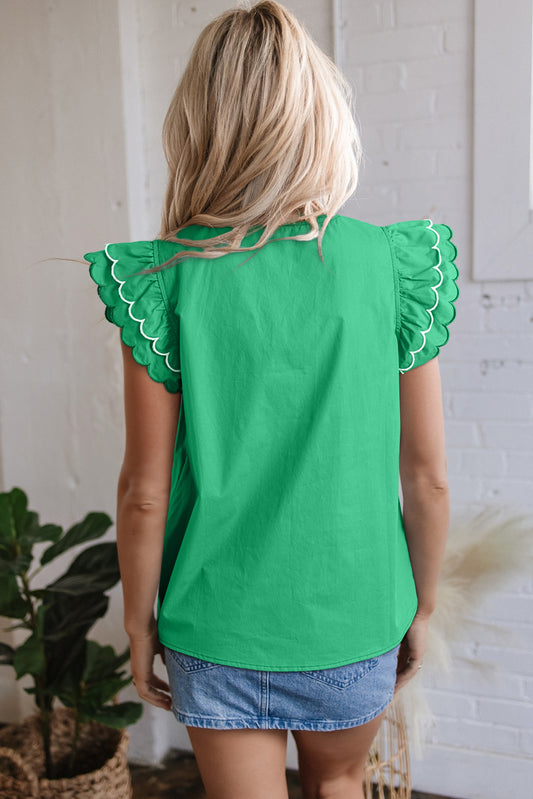 Bright Green Contrast Scallop Trim Layered Short Sleeve V Neck Blouse