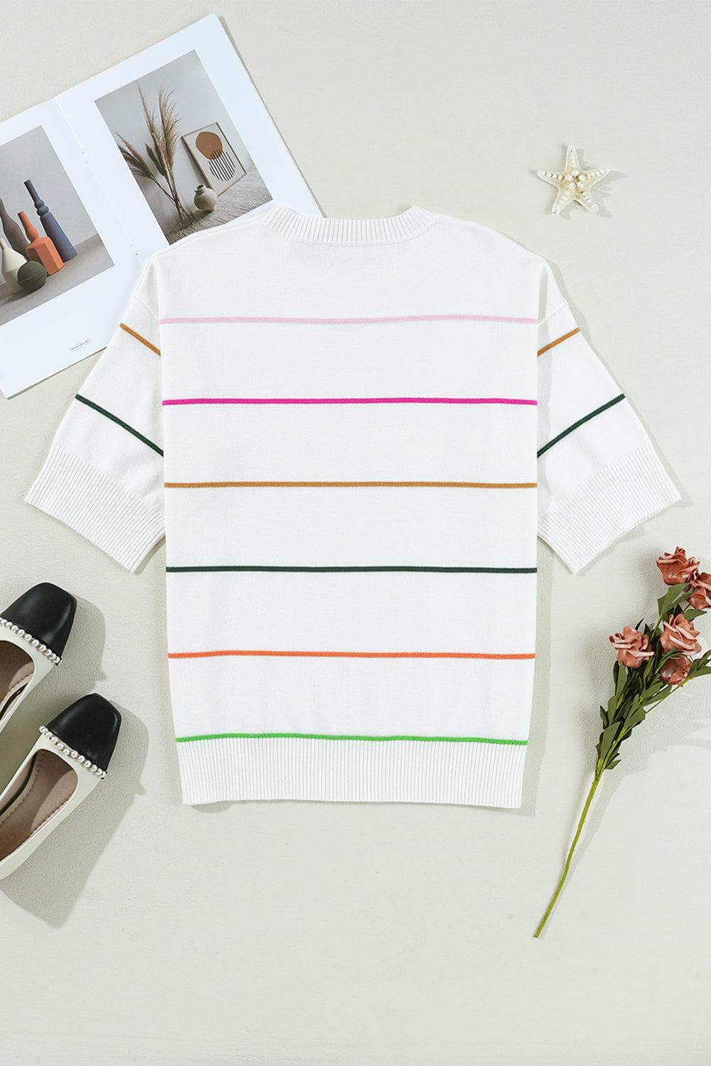 Sweaters & Cardigans/Short Sleeve Sweaters White Colorblock Striped Half Sleeve Drop Shoulder Sweater