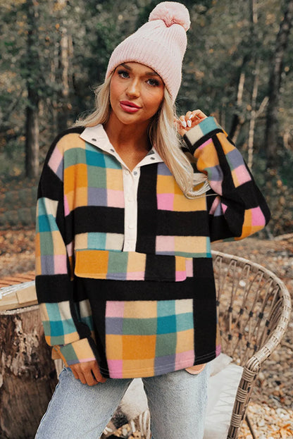 Black Plaid Print Pocketed Half Button Collared Sweatshirt - Chic Meadow Boutique 