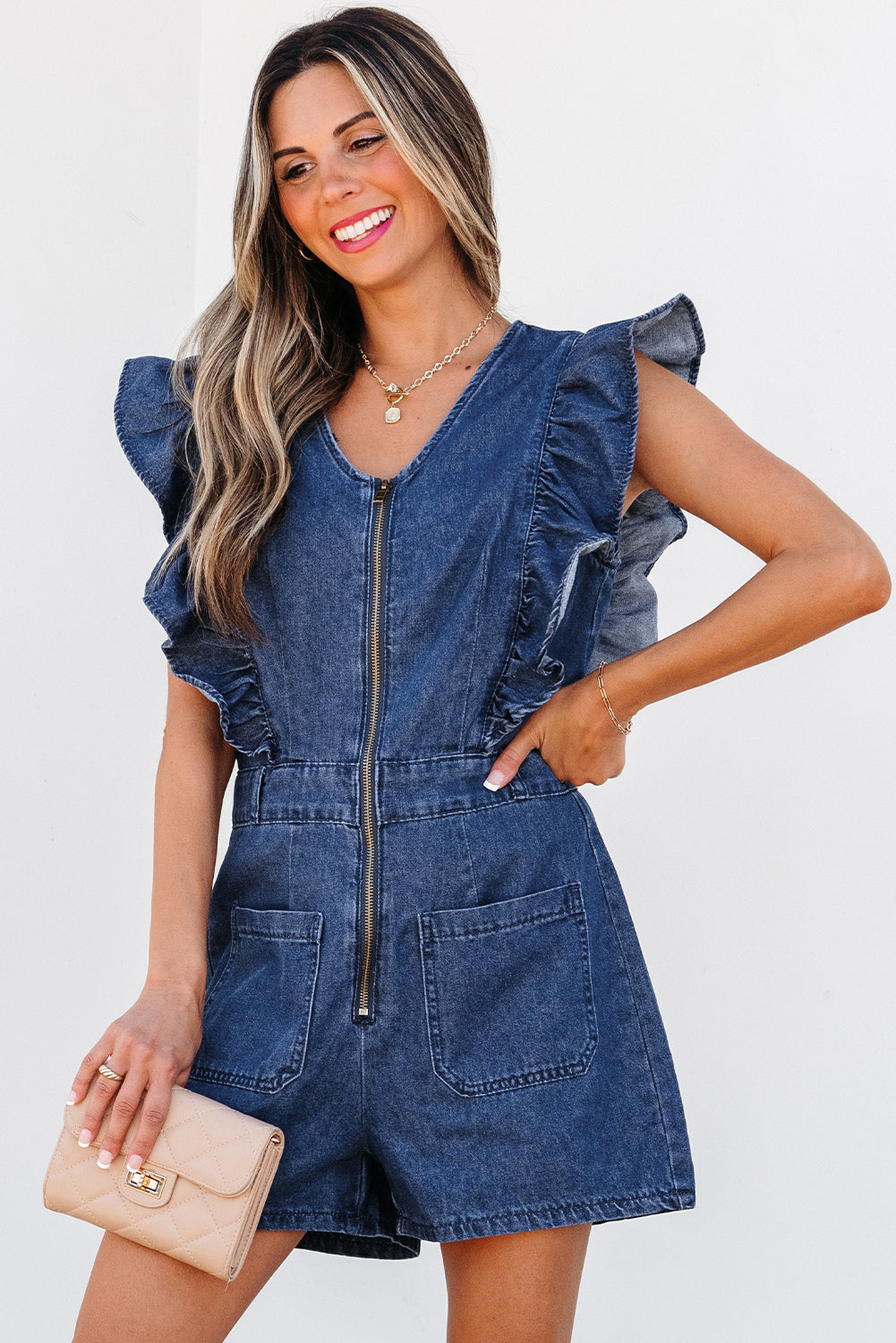 Sail Blue Denim Ruffled Zipped Front Belted Romper