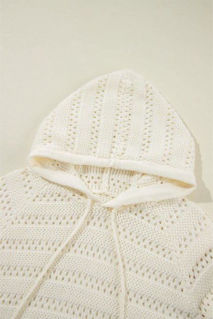 White Pointelle Knit Raglan Sleeve Hooded Sweater - Chic Meadow Boutique 