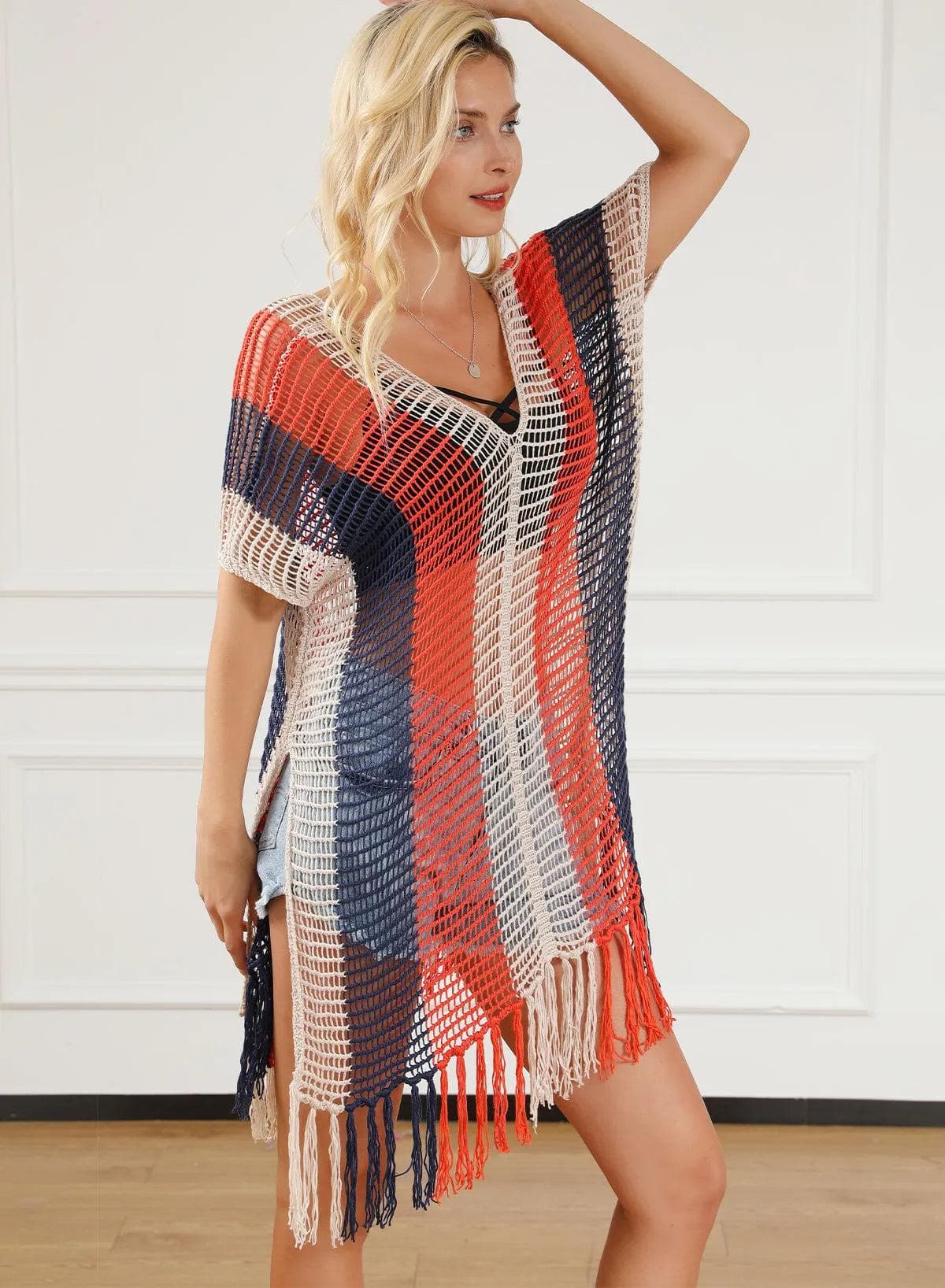 Swimwear/Beach Cover-ups Multicolor Striped Tassel Crochet V Neck Beach Cover Up