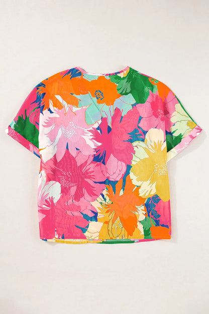 Multicolour Floral Print Folded Short Sleeve Shirt - Chic Meadow Boutique 