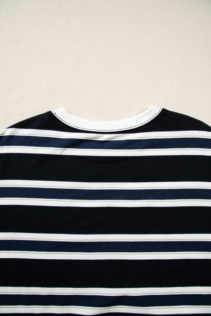 Blue Stripe Ribbed Color Block Trim Round Neck Dropped Shoulder Sweatshirt
