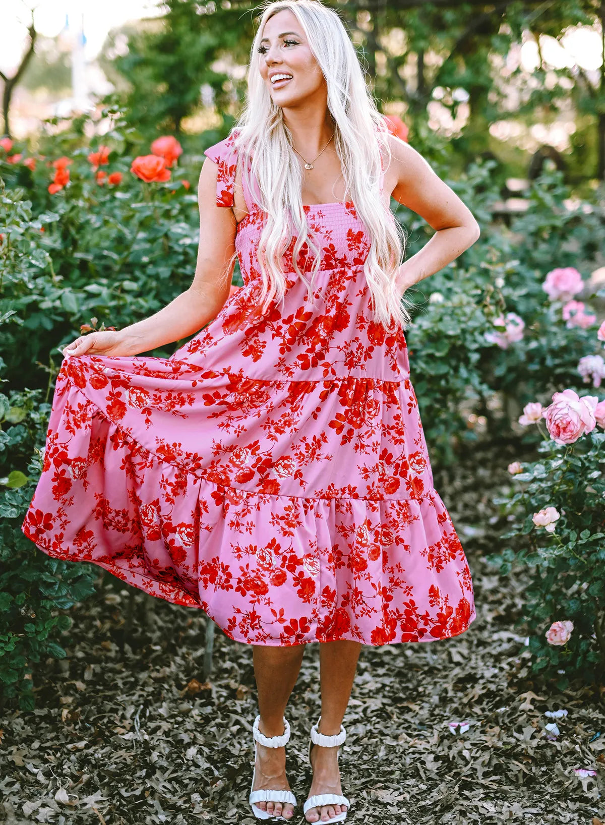 Pink Tie Shoulder Straps Tiered Floral Dress - Chic Meadow Boutique 