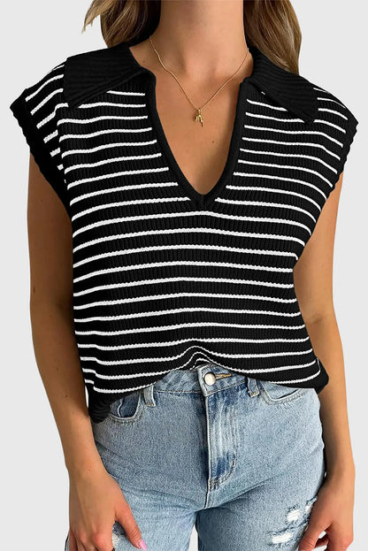 Black Stripe Turn-down V Neck Sweater Tank Top - Chic Meadow Boutique 