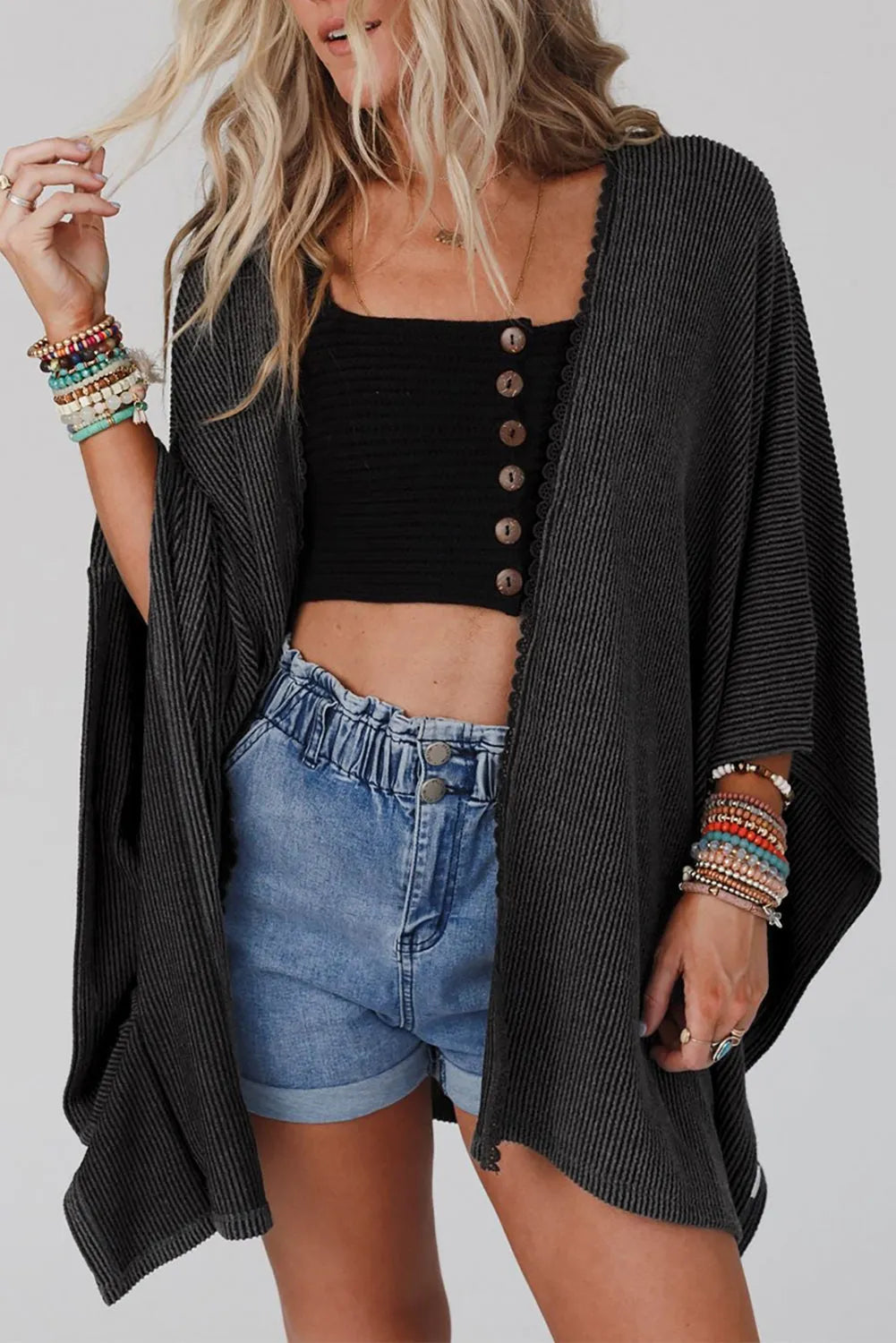 Black Lace Trim Ribbed Oversize Kimono - Chic Meadow Boutique 