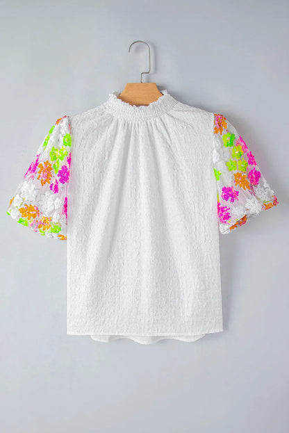 White Smocked Collar Sequin Flower Puff Sleeve Textured Top - Chic Meadow Boutique 